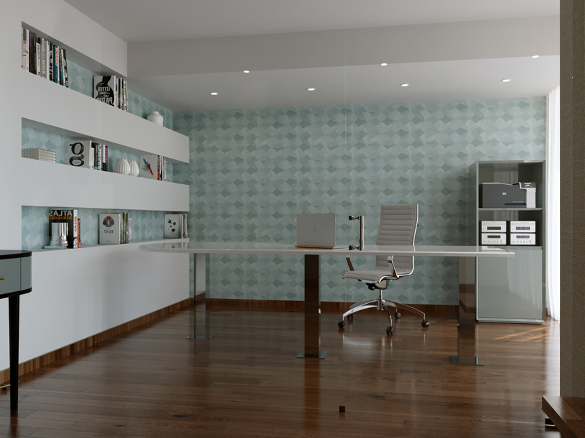 Description de l’image: Home office idéal pour le télétravail, dans des tons de blanc et de vert aqua, avec bibliothèque intégrée.