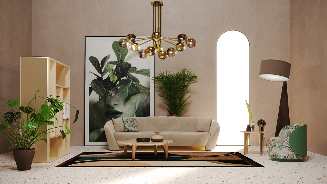 Image description: Living room in light earth tones with natural elements.