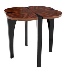 Description de l’image: Table d’appui Clover de Jetclass avec plateau bois, tons de terre, et pieds en laque noir.
