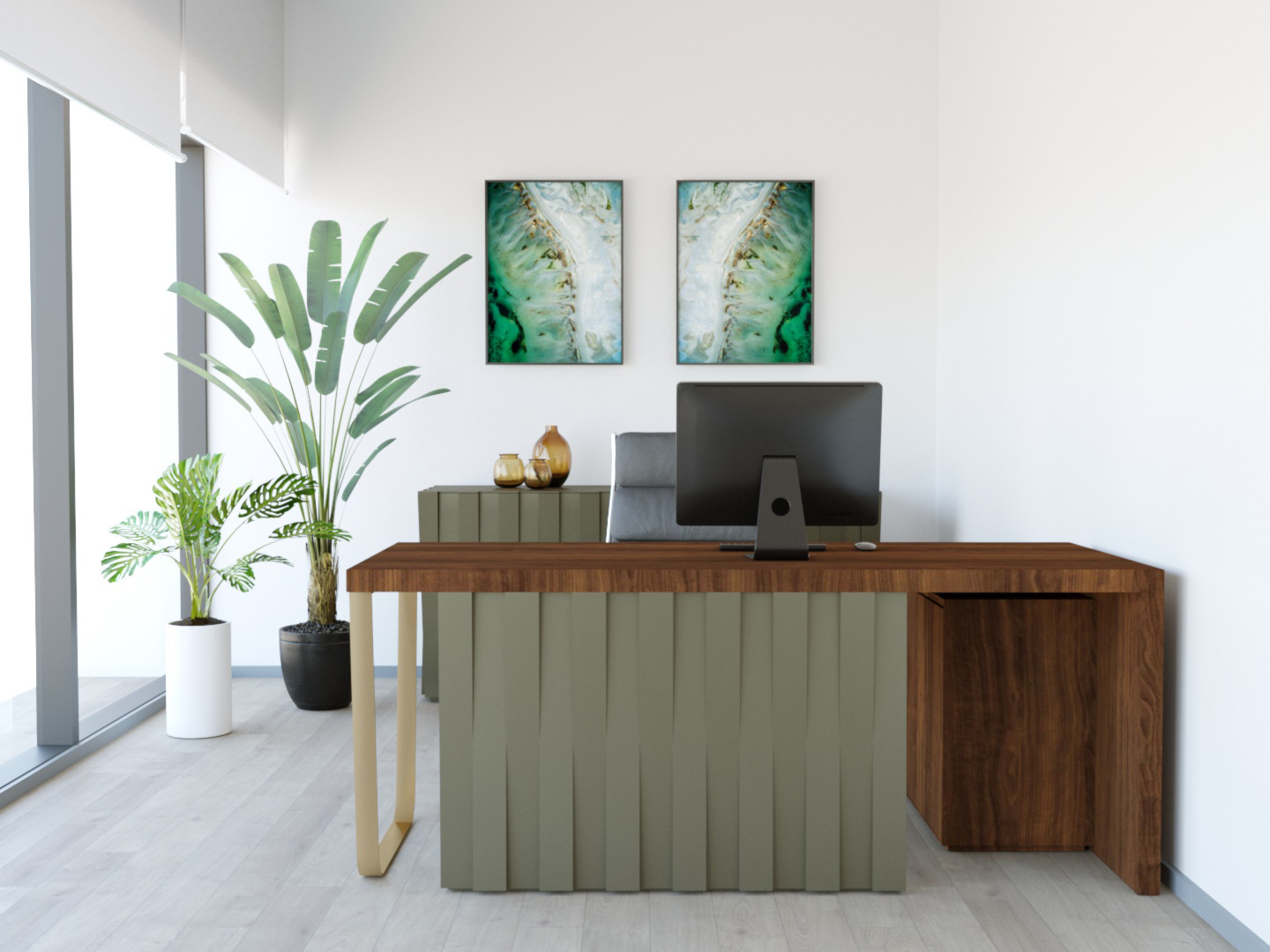 Description de l’image: Home office inspire de la nature, idéal pour télétravail. Avec les tons de vert et plantes naturelles.