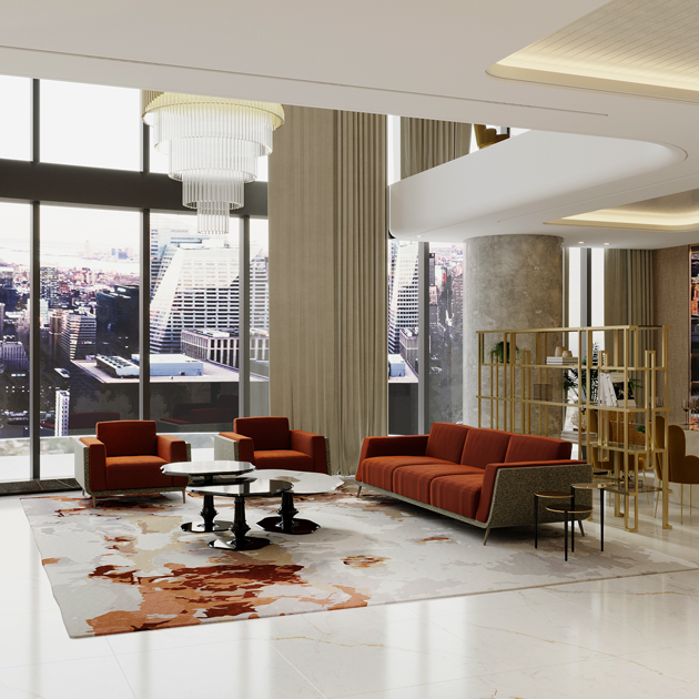 Image description: living room in the colours of autumn, orange tones with stainless steel bookcase. 