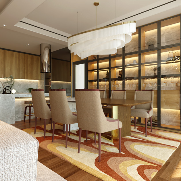 Image description: dining room in the colours of autumn with pendant lamp above the table.