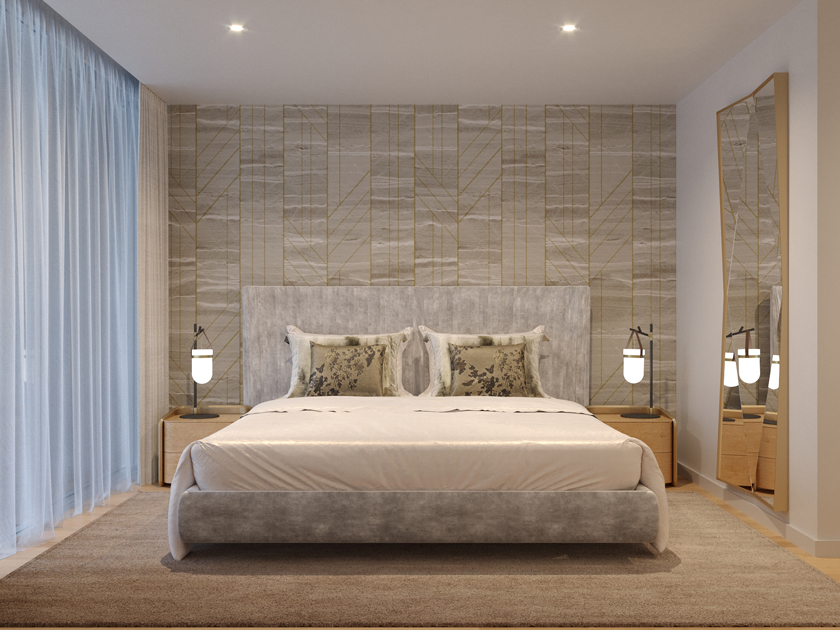 Description de l’image: Chambre avec chevets en bois claire, l’une des tendances de décoration pour 2021.
