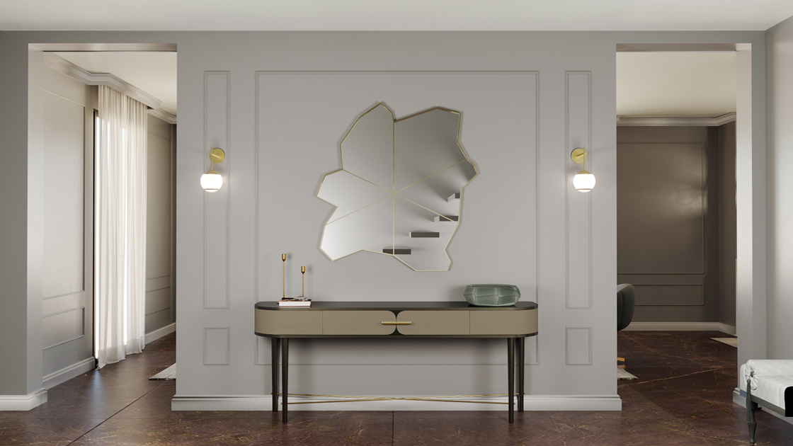 Description de l’image: Hall d’entrée avec console et miroir décoratif, l’une des tendances de décoration pour 2021.