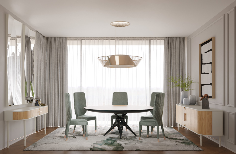 Descrição da imagem: Sala de jantar com aparador, consola e mesa em madeira clara, uma das tendências de decoração para 2021.