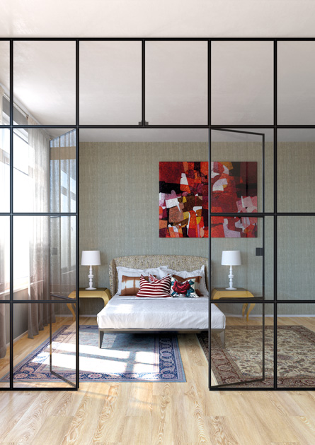 Description de l’image: chambre à coucher avec chevets illiuminating, l’une des couleurs pantone 2021