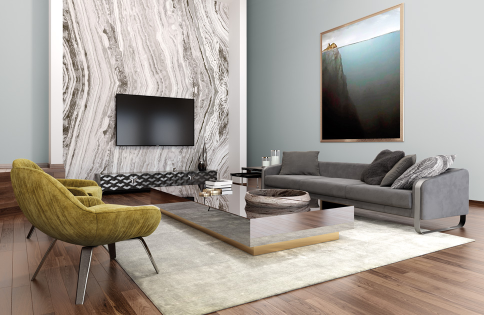 Descrição da Imagem: Sala de estar com papel de parede Ultimate Gray, uma das cores Pantone 2021