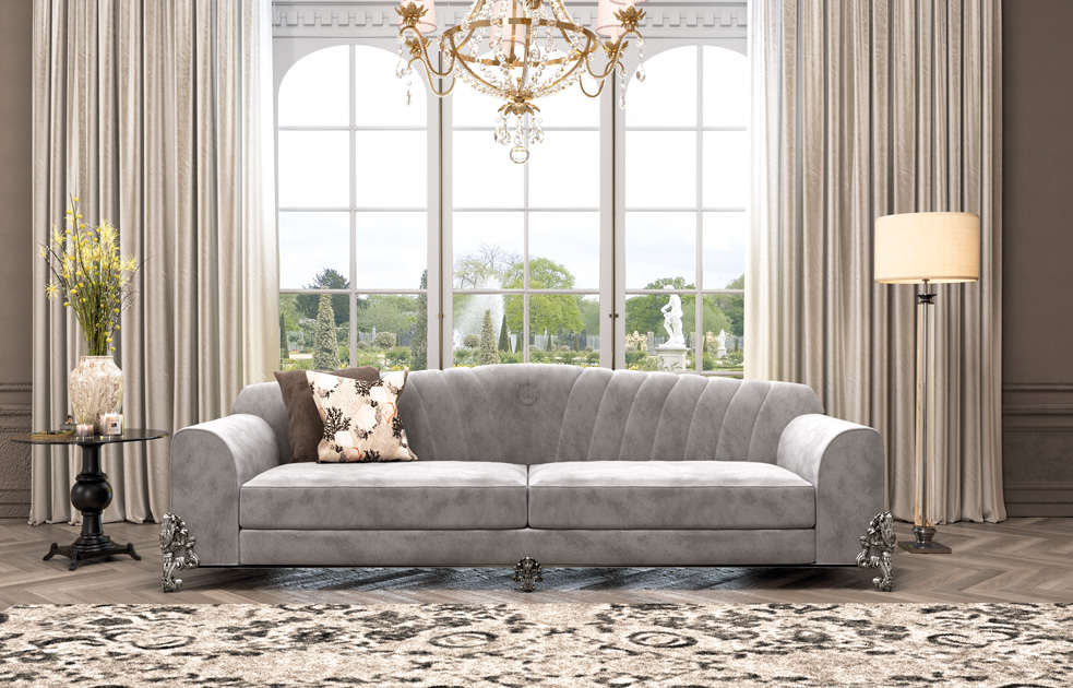 Descrição da Imagem: Sala de estar clássica com sofá Ultimate Gray, uma das cores Pantone 2021