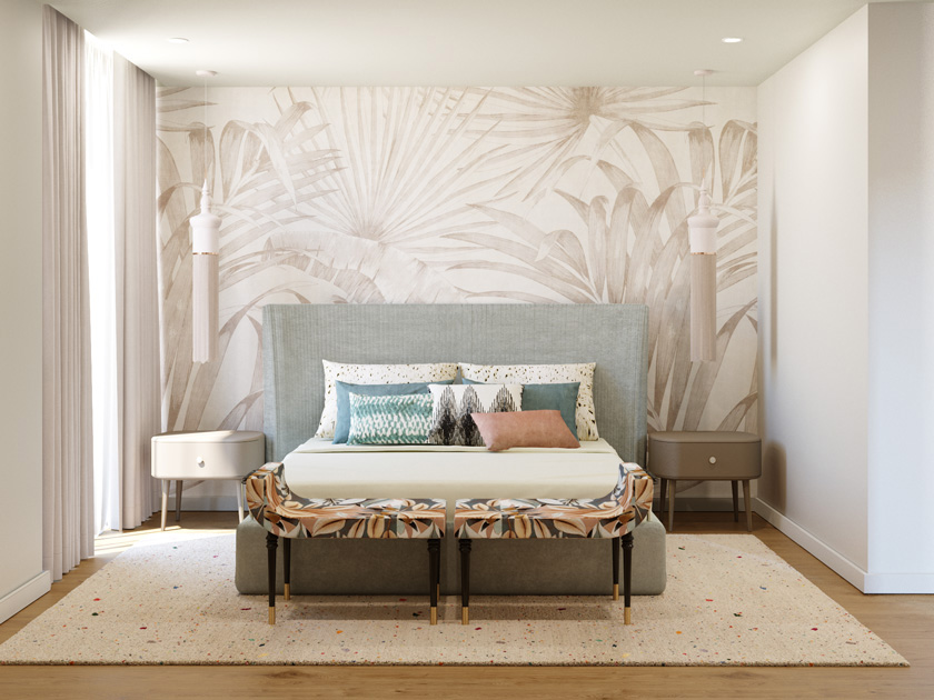 Description de l’image: Chambre double avec décoration de printemps, de papier peint et tissus florales.