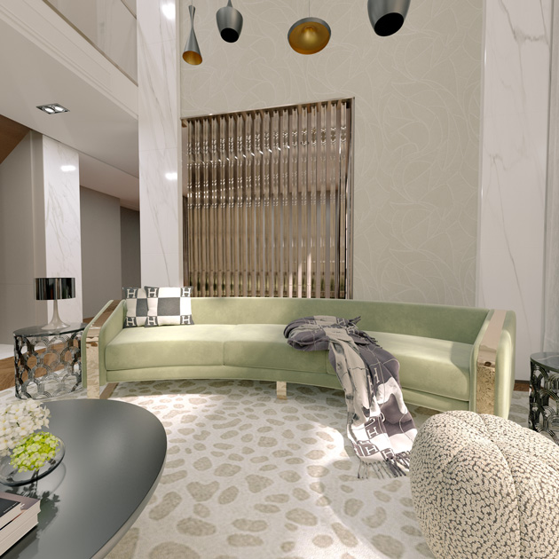 Descrição da Imagem: Decoração de primavera de sala de estar com sofá redondo em tecido verde lima e braços metálicos