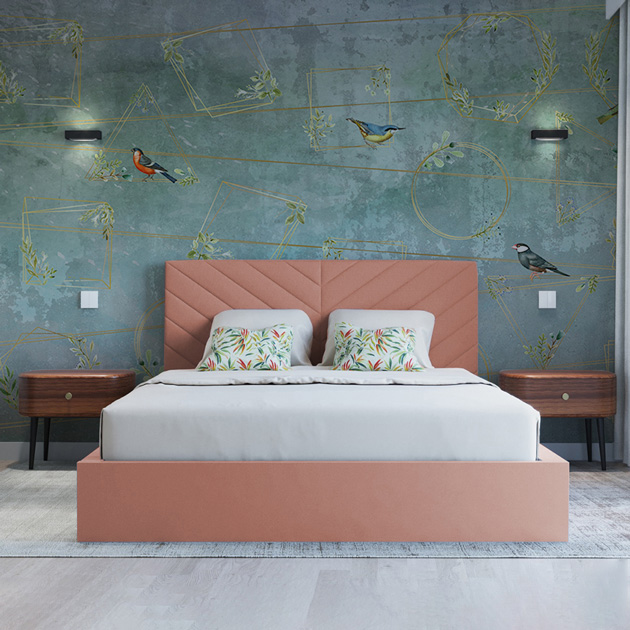 Descrição da Imagem: Decoração de primavera de quarto com cama Shape&Form e papel de parede NOW Edizioni