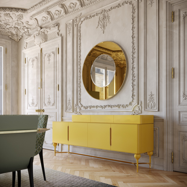 Image description: Spring decoration with canary yellow sideboard ad metallic details. 