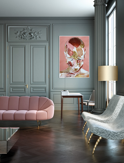 Descrição da Imagem: decoração e arte com zona de estar e zona de escritório em tons de rosa e bege