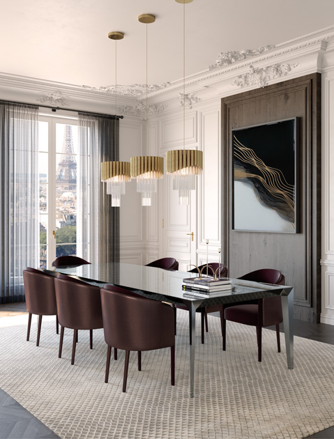 Image description: decoration and art in Paris, in a dining room, with a blackboard and golden rays