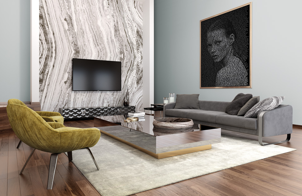 Image description: decoration and typographic art in a modern environment with grey tones