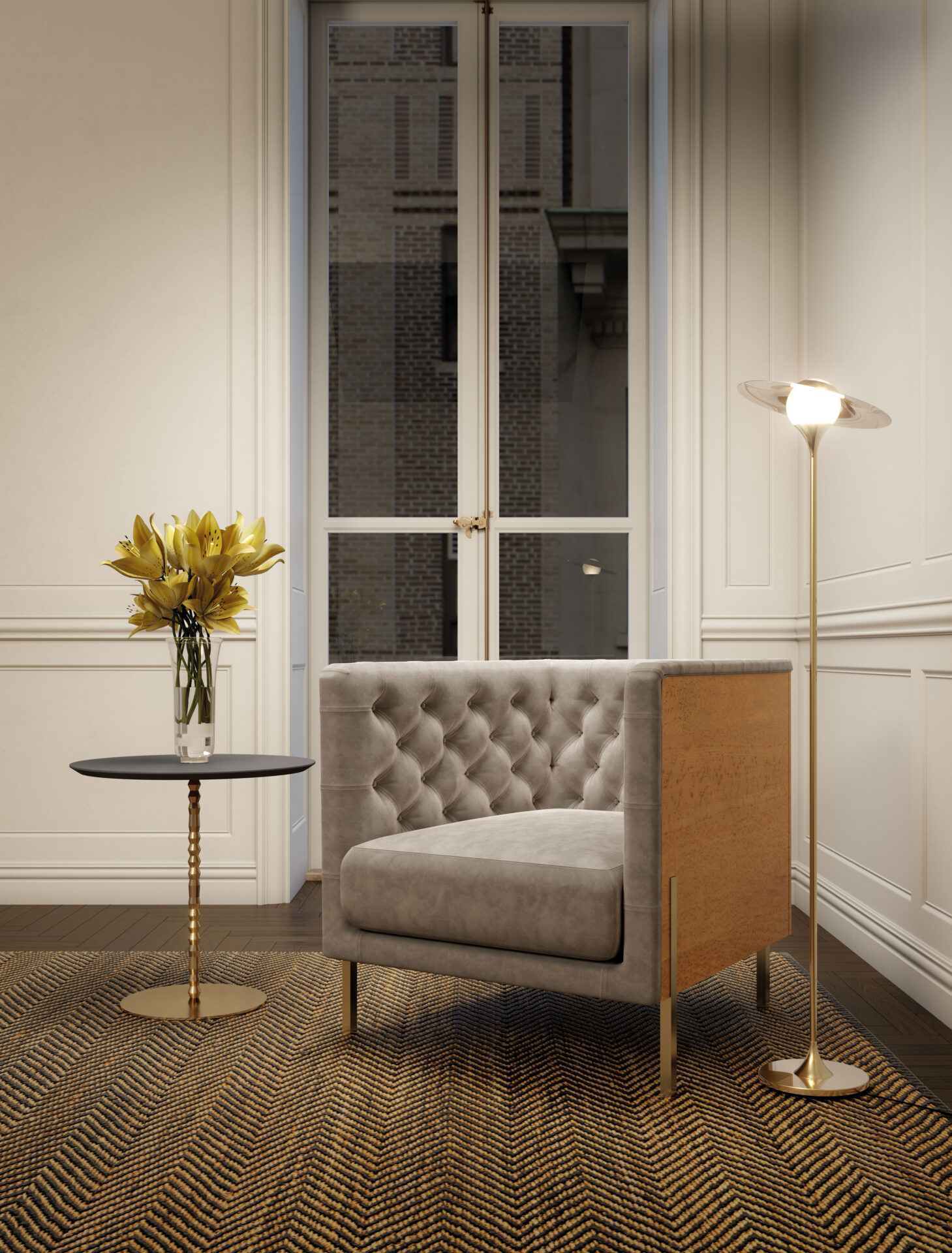 Image description: reading corner with square tufted armchair and wooden structure, with stainless steel feet.