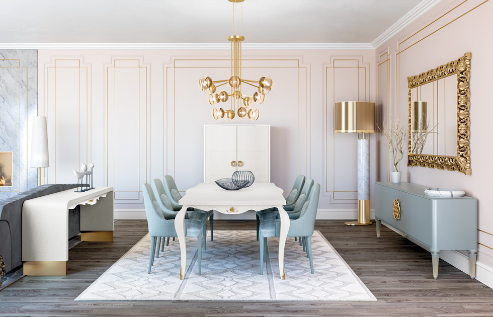 Image description: Classically inspired dining room with modern lamp in neutral tones.