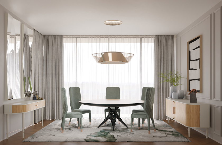 Image description: Dining room in neutral colours - aqua green, white and light woods.