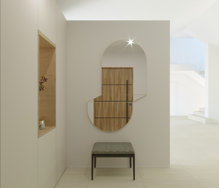 Image Description: Vertical geometric mirror in an entrance hall on top of a stool.