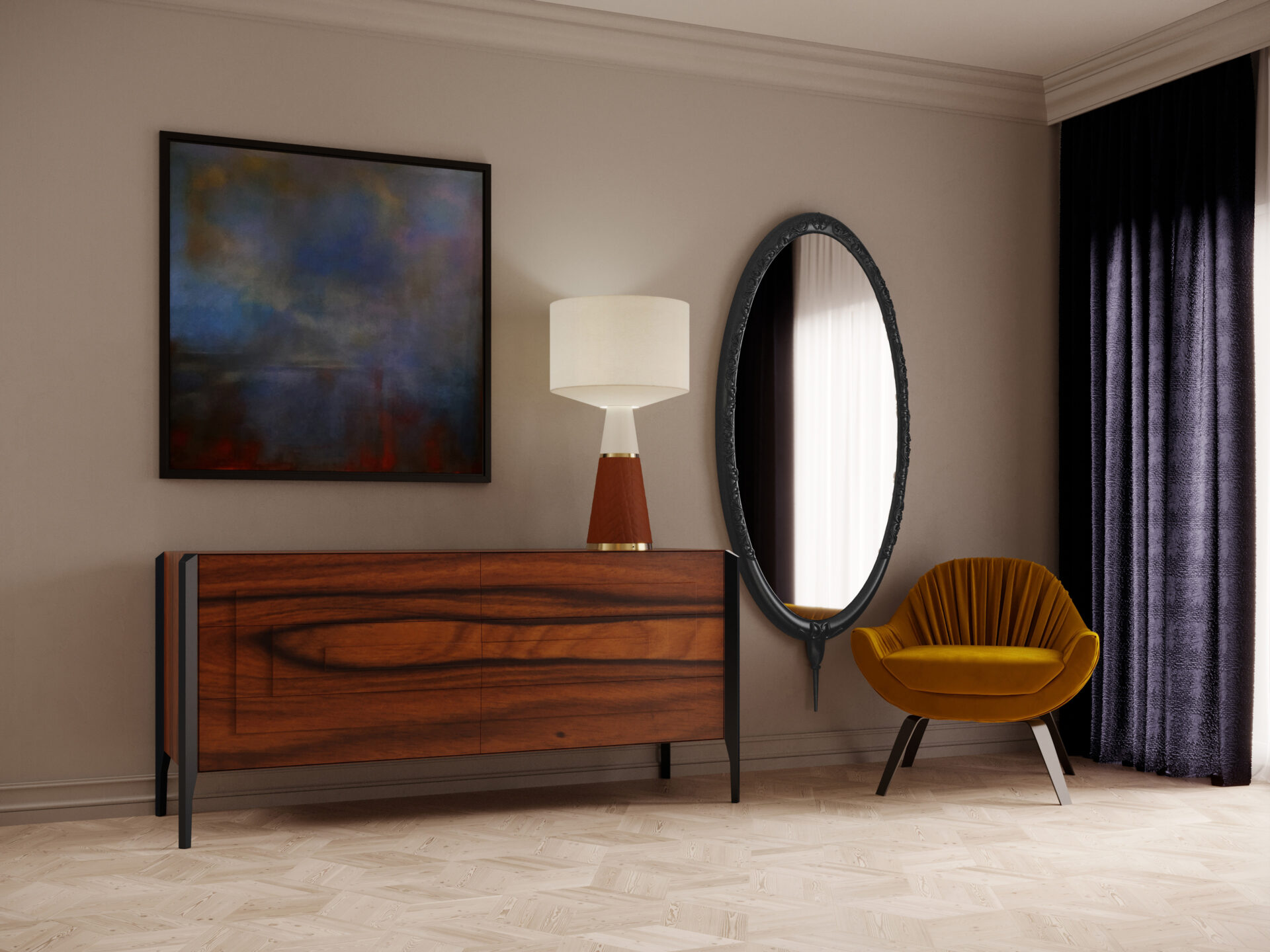 Image Description: Oval decorative mirror with a worked frame in a small bedroom.