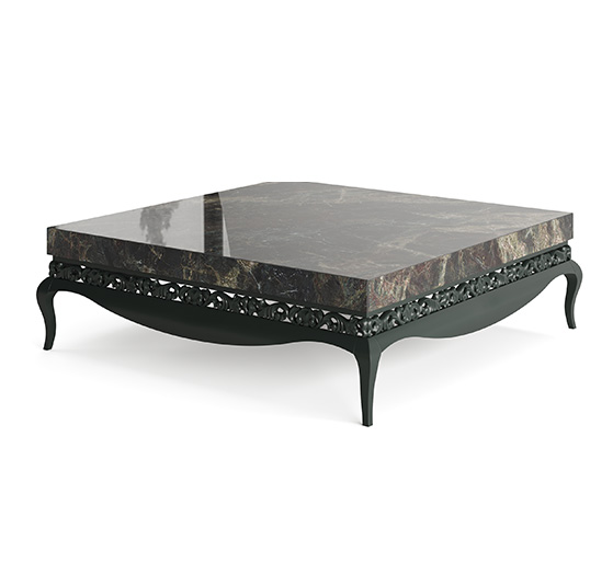 Image description: coffee table with a carving trim, lacquered in green, with a green ceramic top.
