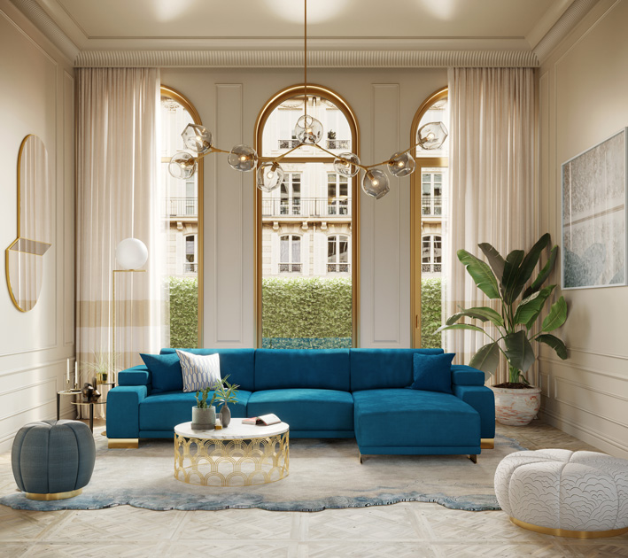 Image description: Mid-century coffee table Cosmos with a modern blue sofa and a side table with three tops.