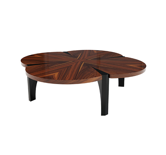 Descrição da imagem: mesa de centro de madeira pau-ferro, com pernas lacadas a preto.