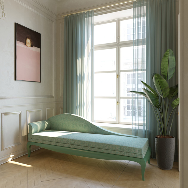 Image Description: soft green Chaise Longue in the entry hall below the windows.