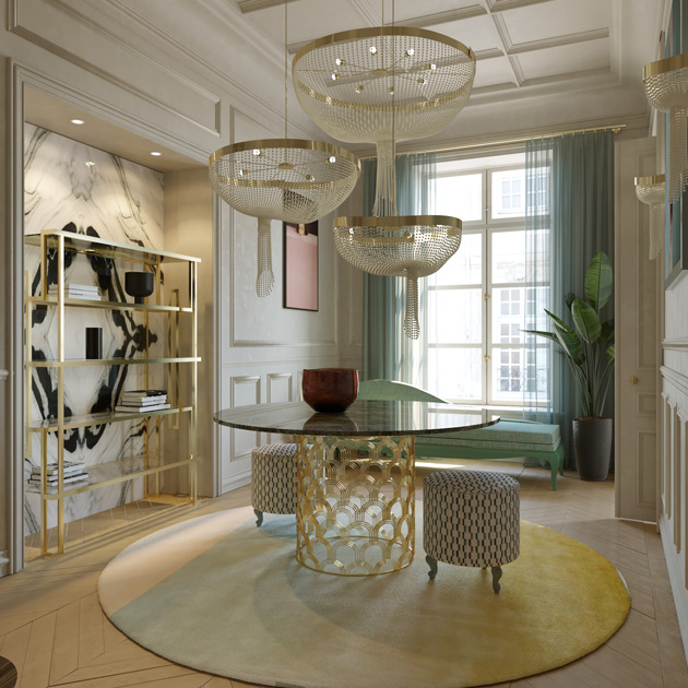 Image Description: Entry hall with marble dining table, pearls lamp and stainless steel bookcase.