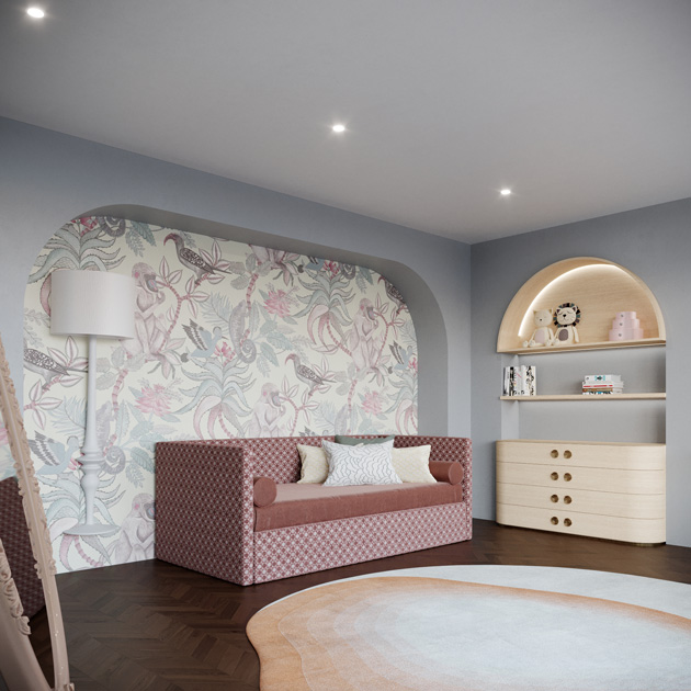 Image description: decorating tips: bed in a children’s bedroom in pink shades