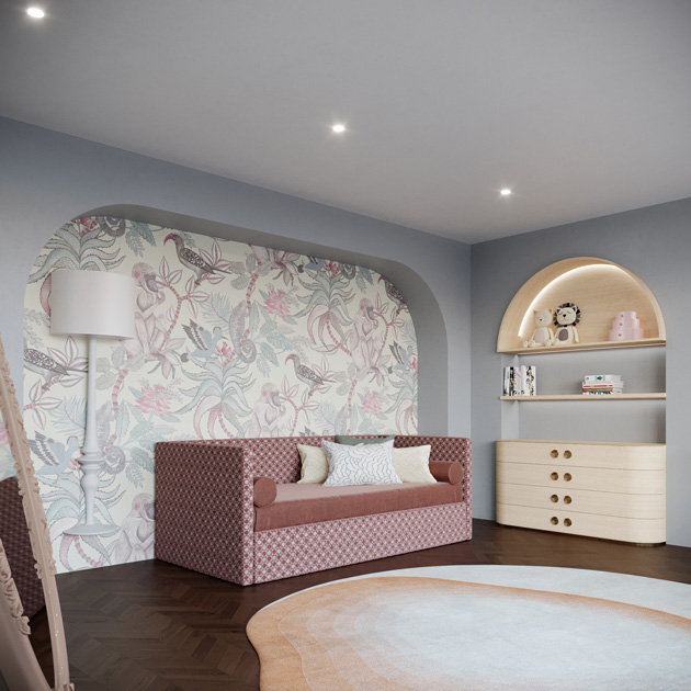 Description de l’image: idées de décoration: le lit dans une chambre d’enfant en tonalité rose.