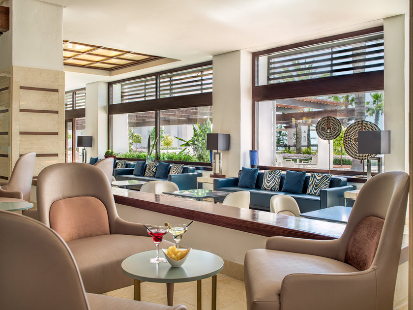 Image description: interiors photography of the bar area of the H10 Estepona Palace hotel, Spain.