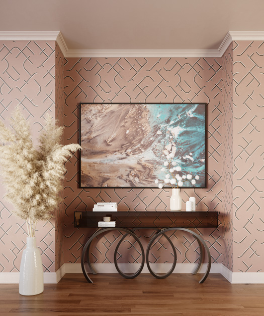 Image description: hall with glass and iron console table and liner wallpaper with geometric pattern.