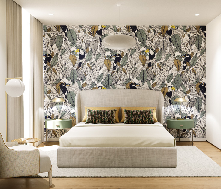 Description de l’image: chambre dans des tons de vert et de beige avec un papier peint à motifs d'oiseau