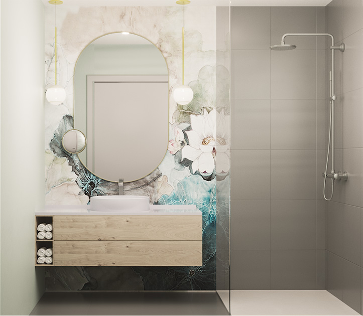Description de l’image: salle de bains avec papier peint en vinyle à motifs florales