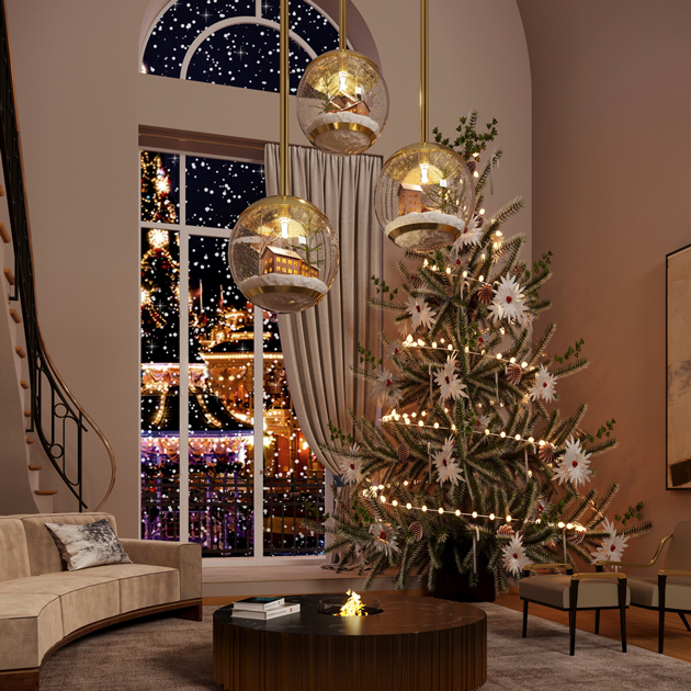 Descrição da imagem: decoração de árvore de Natal numa sala de estar com sofá curvo e lareira