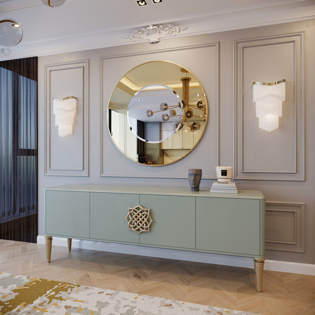 Image description: decorating with mirrors in a dining room, by putting a mirror on top of a sideboard.