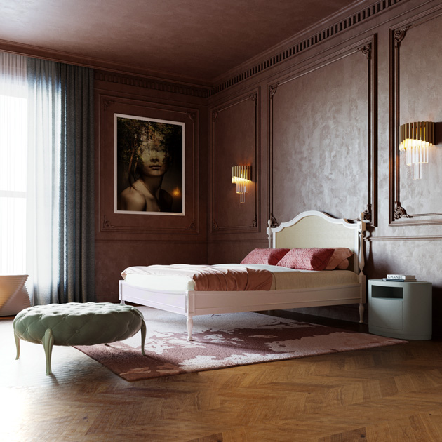 Description de l’image : chambre à coucher avec lit blanche vintage en rotin et tables de nuit en couleur vert clair.