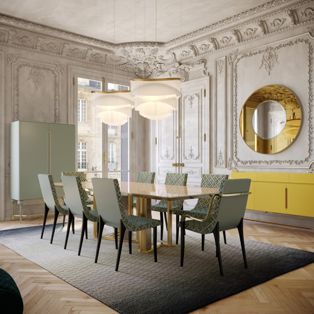 Description de l’image : salle à manger avec table contemporaine, buffet jaune et meuble bar vert.