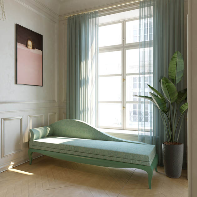 Description de l’image : Chaise Longue couleur vert clair dans le hall d’entrée au-dessous des fenêtres.