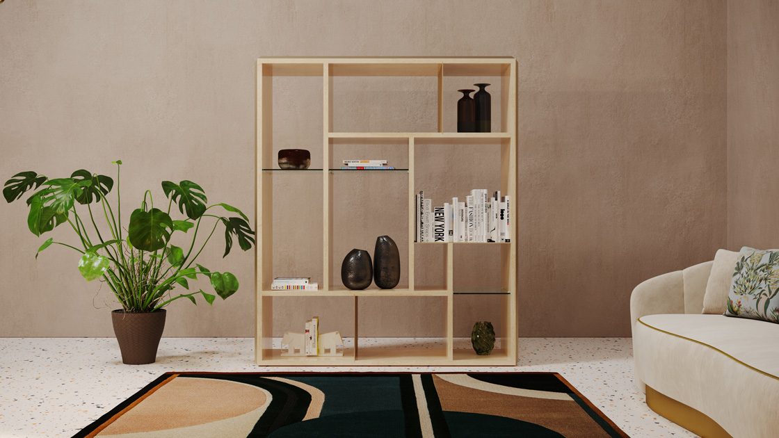 Image description: living room with bookcase in oak wood, 2022 interior design trend. 