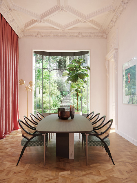 Description de l’image: tendance de design d’intérieurs 2022, chaises salle à manger avec dos en rotin.