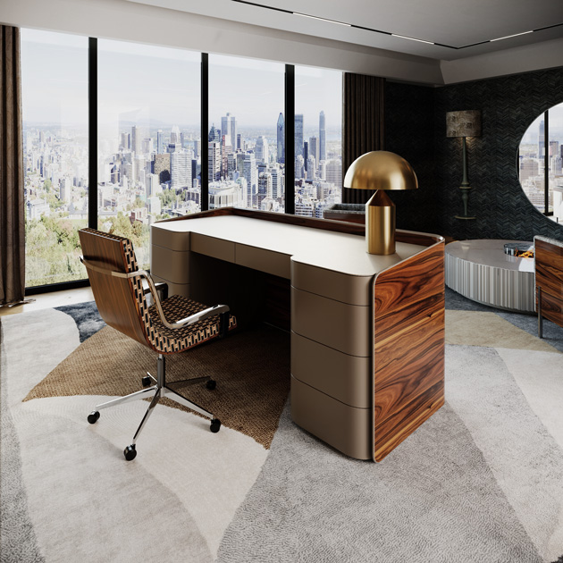 Descrição da imagem: home office com secretária e cadeirões em madeira pau-ferro, tendências de design de interiores 2022.