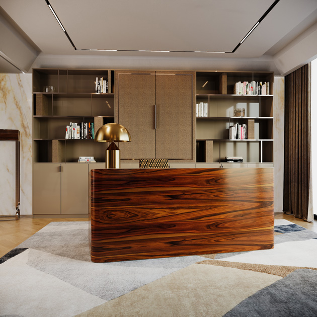 Descrição da imagem: home office com secretária em madeira pau-ferro, tendências de design de interiores 2022.