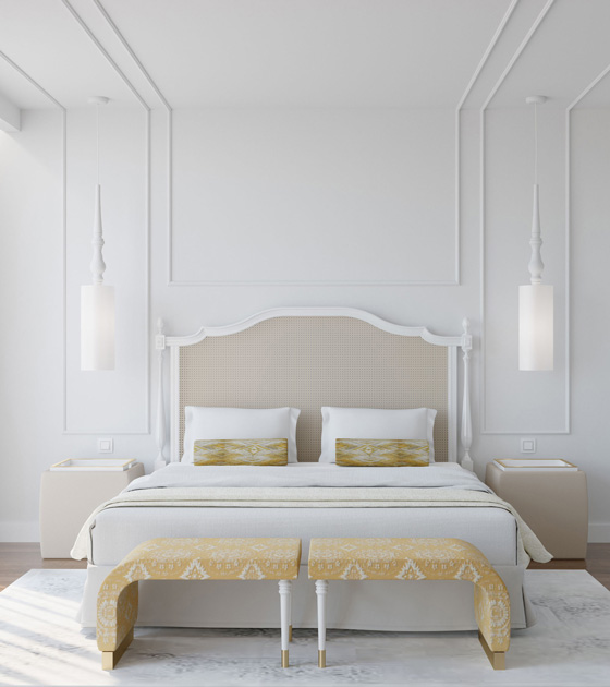 Description de l’image: chambre tendance de design d’intérieurs 2022, avec tête du lit en rotin.