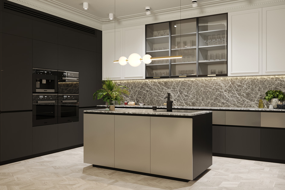 Image description: Kitchen Island project in gold and black with ceramic countertops.
