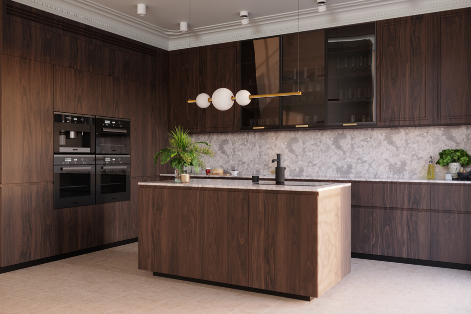 Image description: Kitchen Island project focused on the flow of the space, in wood and ceramic countertop.