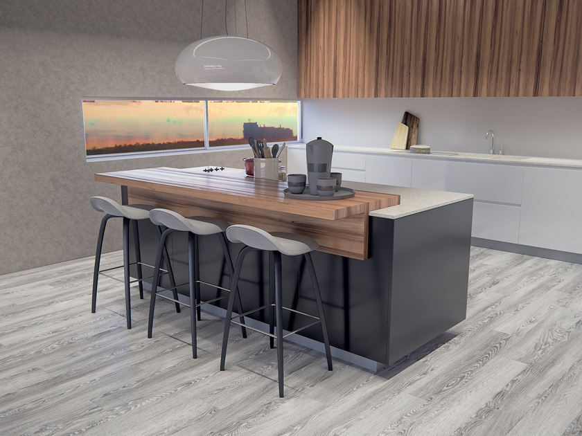 Image description: Kitchen Island project which incorporates a breakfast bar highlighted by a wooden block.