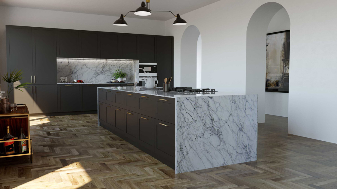 Image description: Kitchen Island project focused on storage. In dark grey matte lacquer and carrara ceramic.