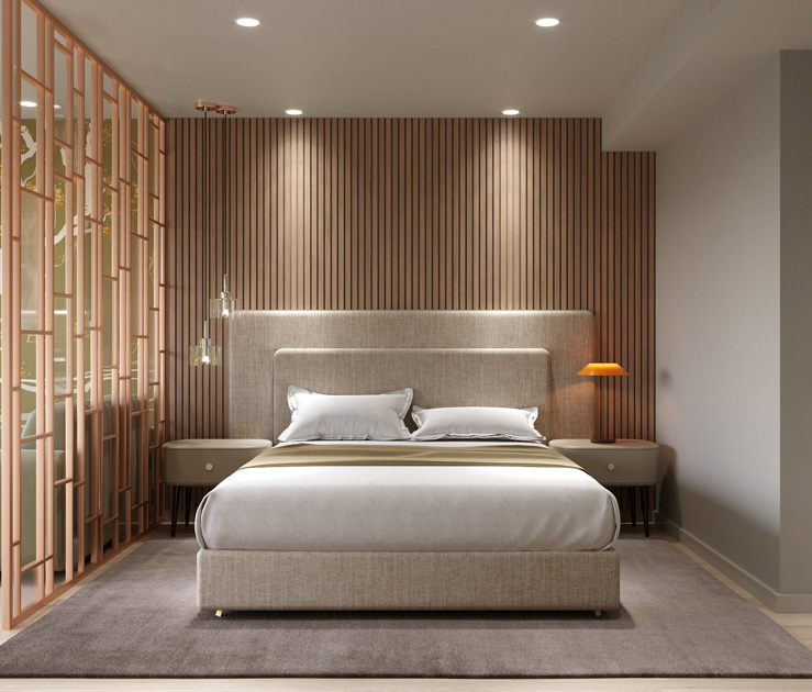 Image description: Bedroom with bed in solid neutral colour and textured fabric to make the space look bigger.